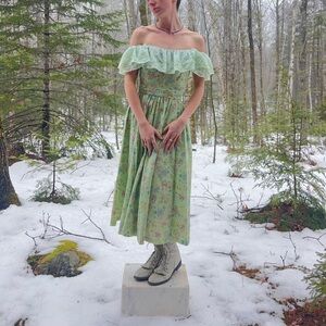 Vintage Eyelet Off-Shoulder Tea Length Dress - Overdyed Minty Sage